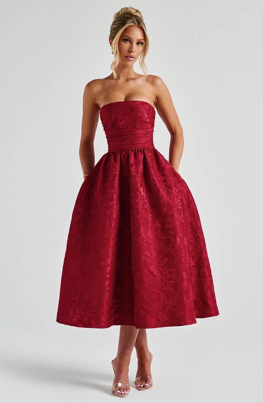 NWT Babyboo Saoirse Red Floral Jacquard Strapless Fit & Flare Midi Dress Size S